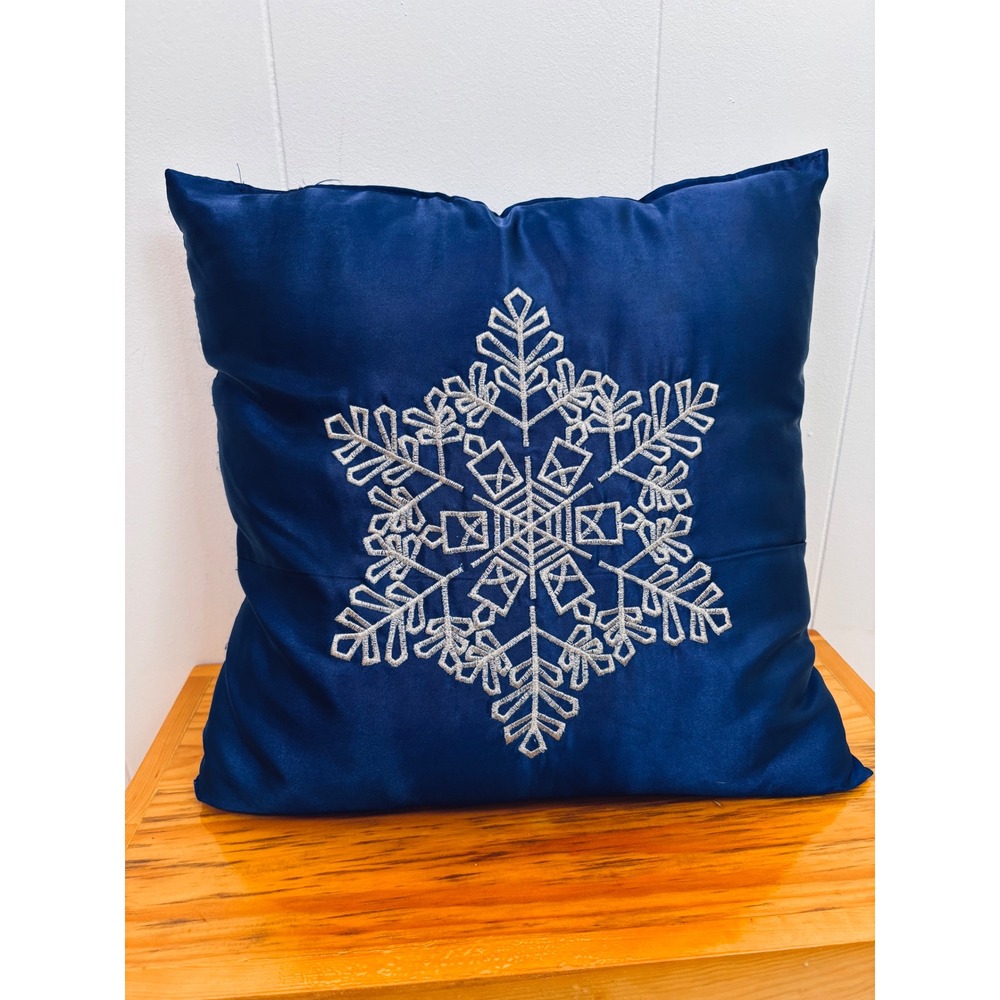Snowflake Satin Pillow Embroidered Winter Holiday‎ Decorative Accent 14x14 Blue